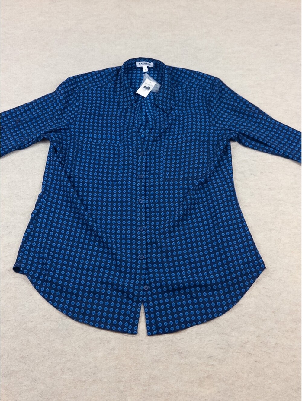 Express Women's Blue Patterned Button-Up Shirt Large